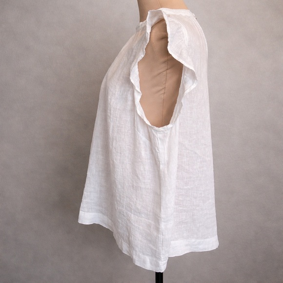 Bella Dahl White Linen Ruffle Sleeve Blouse L | 100% Linen Flutter Cap Sleeve - Picture 2 of 7